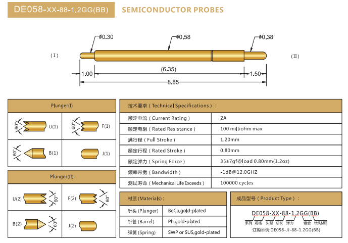 0.58mm雙頭探針，BGA測試針，華榮華雙頭彈簧針廠家