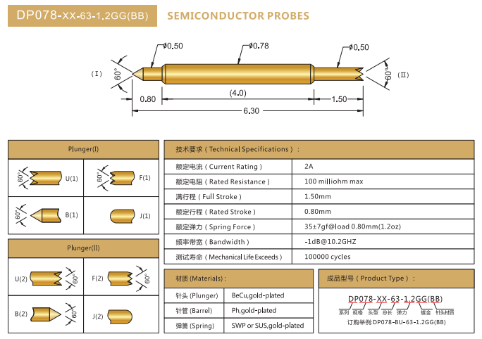 0.78mm雙頭探針，BGA測(cè)試針，華榮華BGA雙頭彈簧針廠家